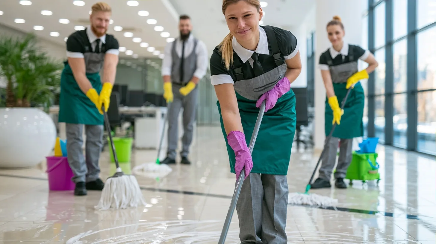 A professional cleaning team in Milano, wearing uniforms and using high-quality cleaning equipment and eco-friendly products in a modern office environment.