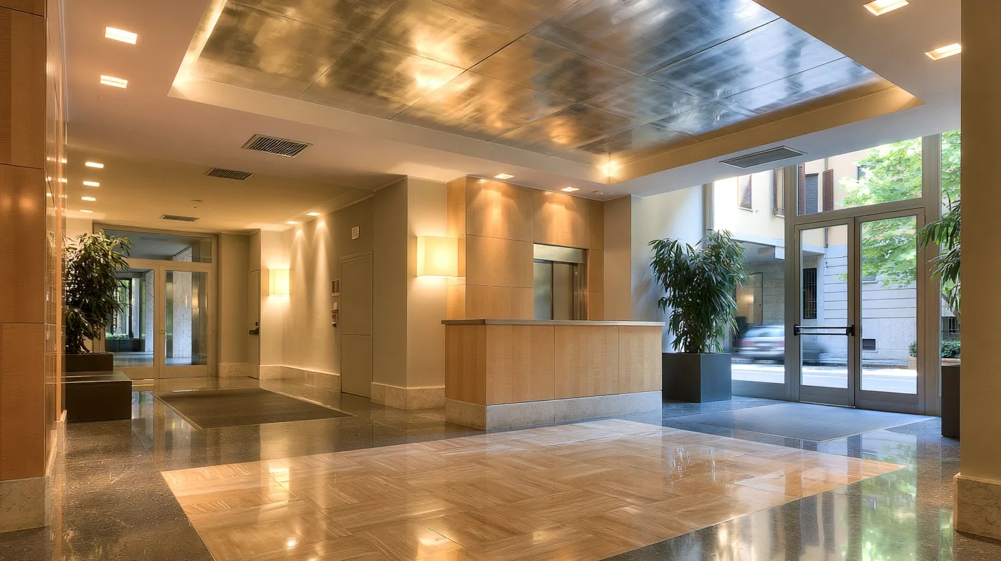 Clean and bright condominium lobby in Milano, showing polished floors and well-maintained common areas